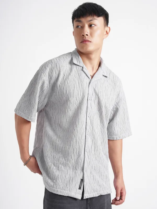 Highlander Men Grey Self Design Relaxed Fit Casual Shirt
