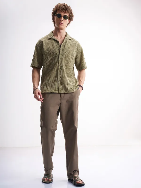 Highlander Men Olive Self Design Relaxed Fit Casual Shirt