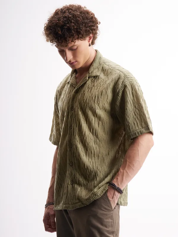 Highlander Men Olive Self Design Relaxed Fit Casual Shirt