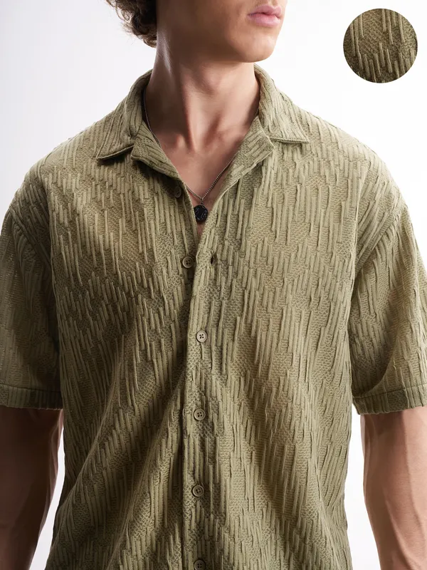 Highlander Men Olive Self Design Relaxed Fit Casual Shirt