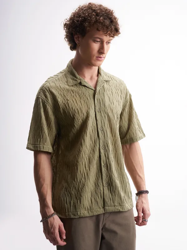 Highlander Men Olive Self Design Relaxed Fit Casual Shirt