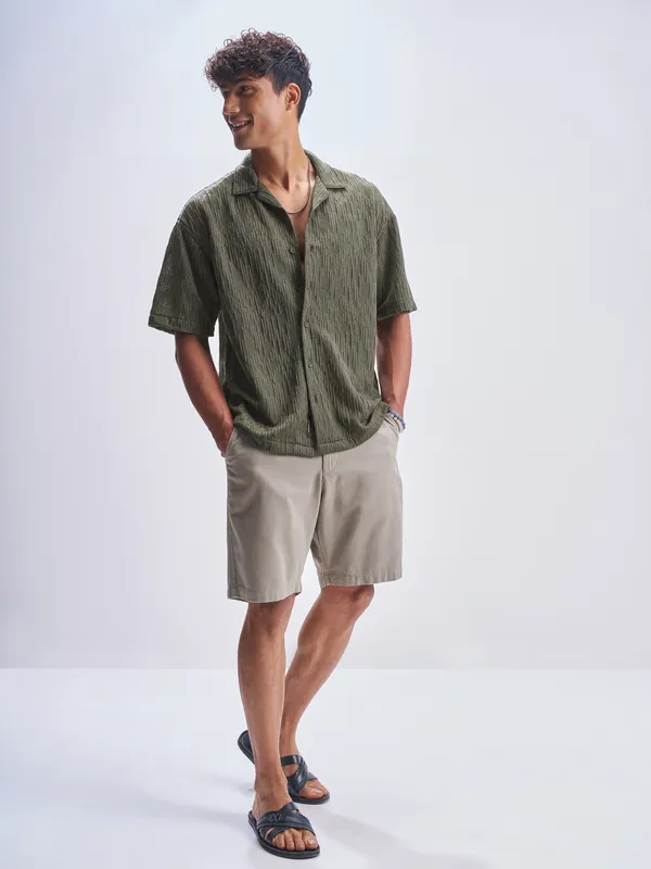 Highlander Men Green Crushed Relaxed Fit Casual Shirt