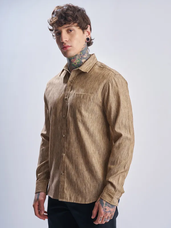 Highlander Men Khaki Self Design Relaxed Fit Casual Shirt