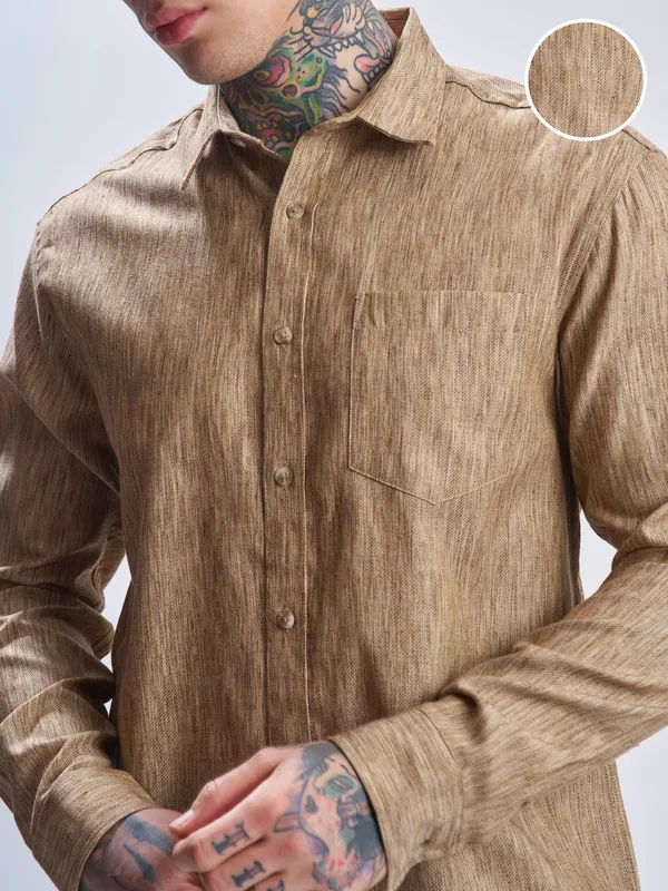 Highlander Men Khaki Self Design Relaxed Fit Casual Shirt