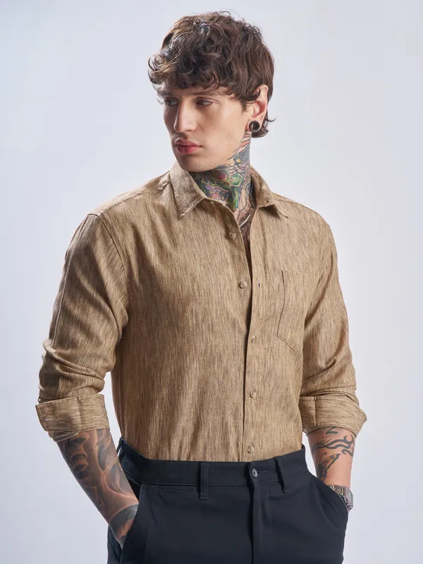 Highlander Men Khaki Self Design Relaxed Fit Casual Shirt
