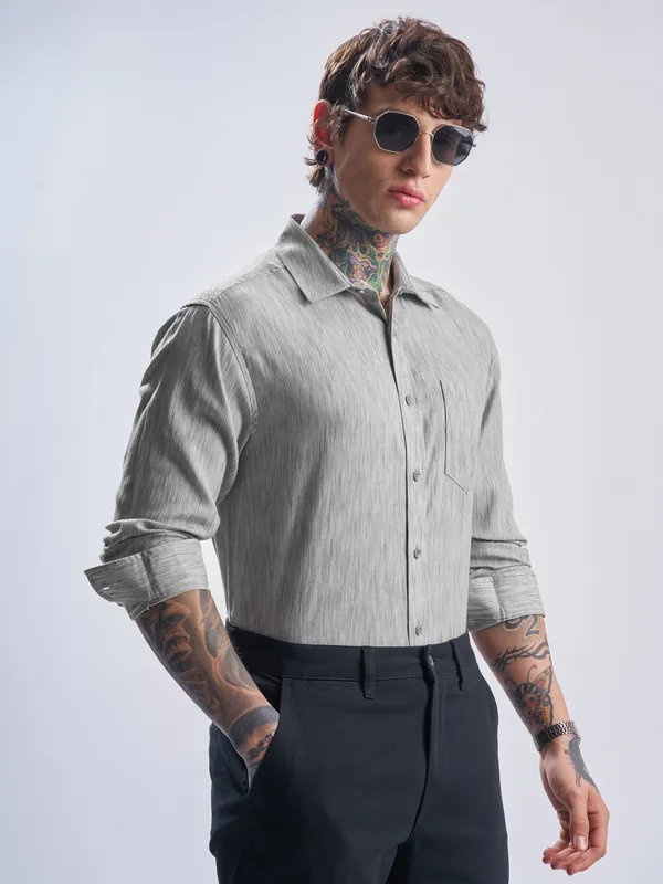 Highlander Men Grey Self Design Relaxed Fit Casual Shirt