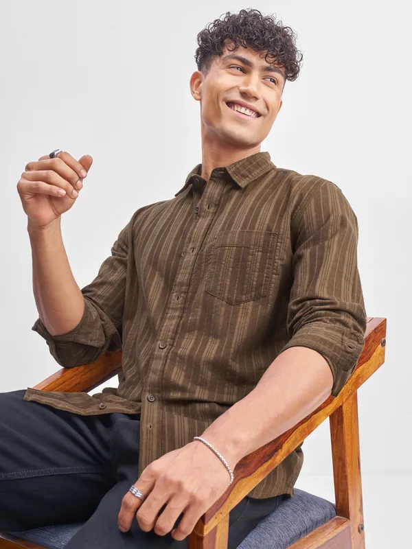 Highlander Men Brown Striped Slim Fit Casual Shirt