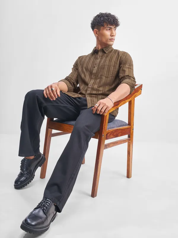 Highlander Men Brown Striped Slim Fit Casual Shirt