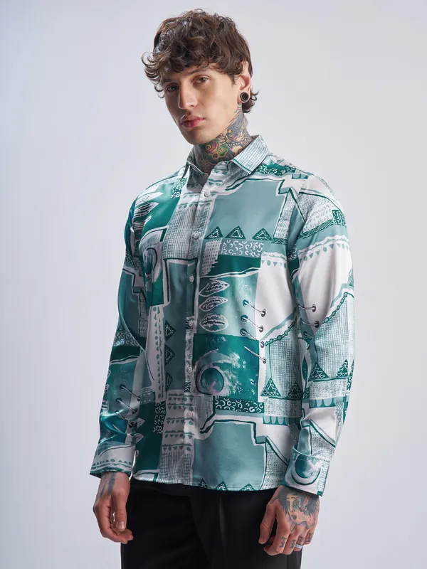 Highlander Men Off White Printed Slim Fit Casual Shirt