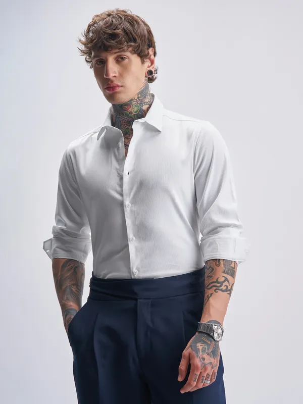 Highlander Men White Self Design Slim Fit Casual Shirt