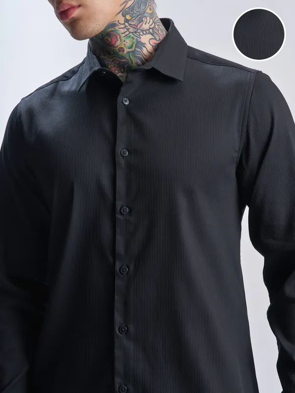 Highlander Men Black Self Design Slim Fit Casual Shirt