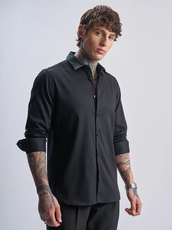 Highlander Men Black Self Design Slim Fit Casual Shirt