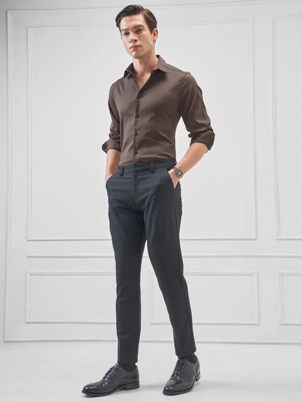 Highlander Men Brown Self Design Slim Fit Casual Shirt