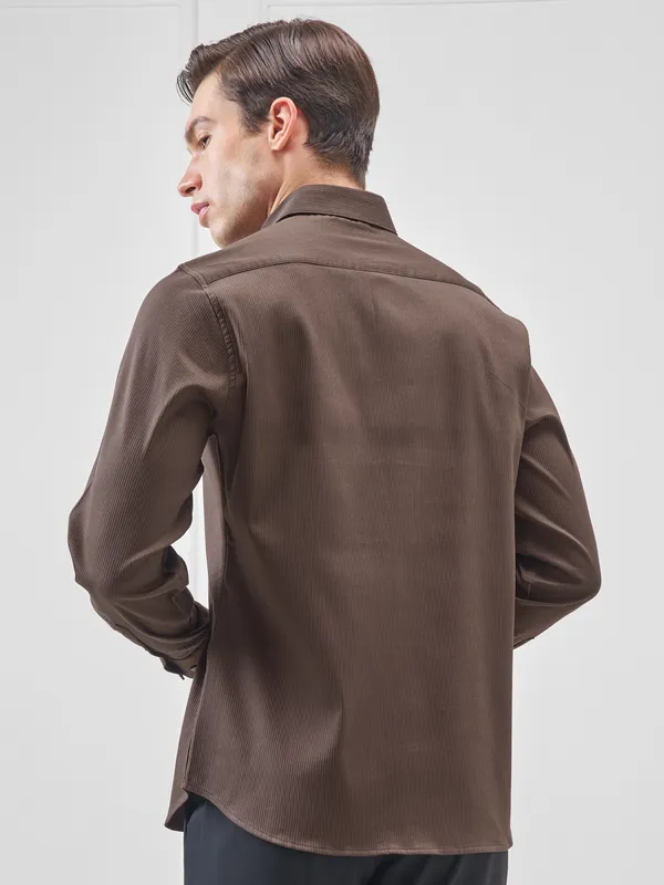 Highlander Men Brown Self Design Slim Fit Casual Shirt