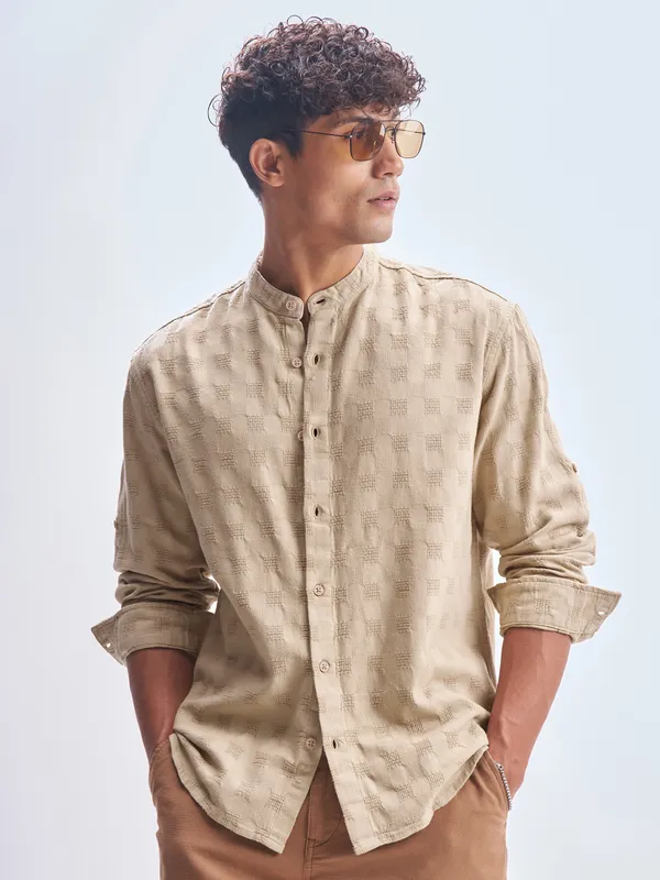 Highlander Men Khaki Self Design Relaxed Fit Casual Shirt