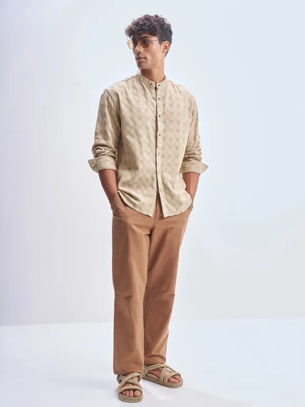 Highlander Men Khaki Self Design Relaxed Fit Casual Shirt