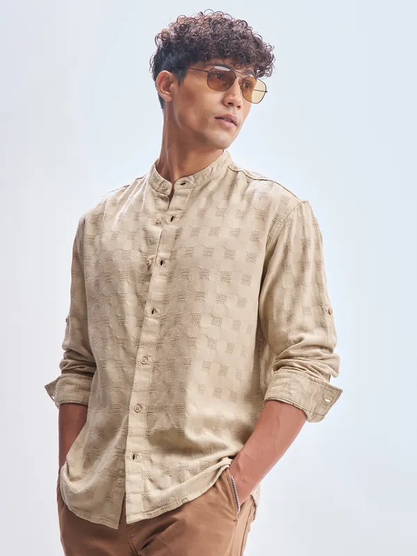 Highlander Men Khaki Self Design Relaxed Fit Casual Shirt