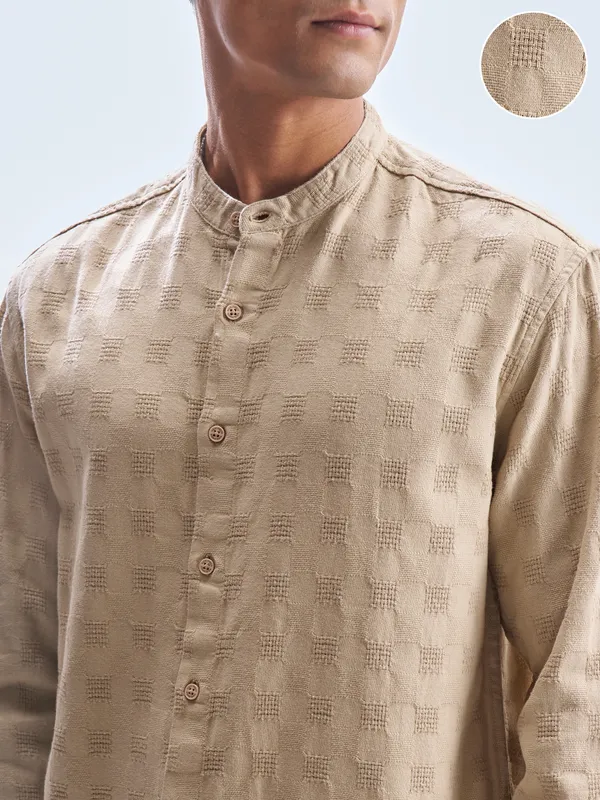 Highlander Men Khaki Self Design Relaxed Fit Casual Shirt