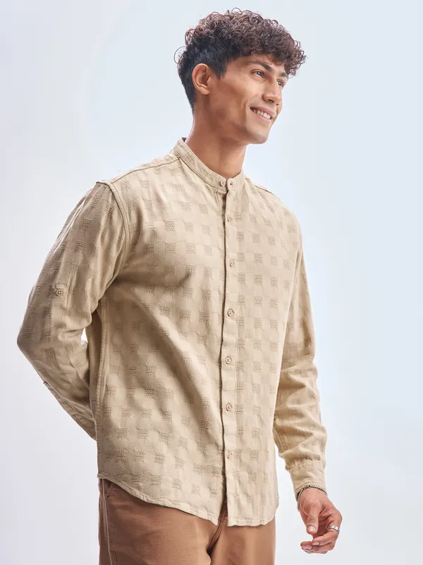 Highlander Men Khaki Self Design Relaxed Fit Casual Shirt