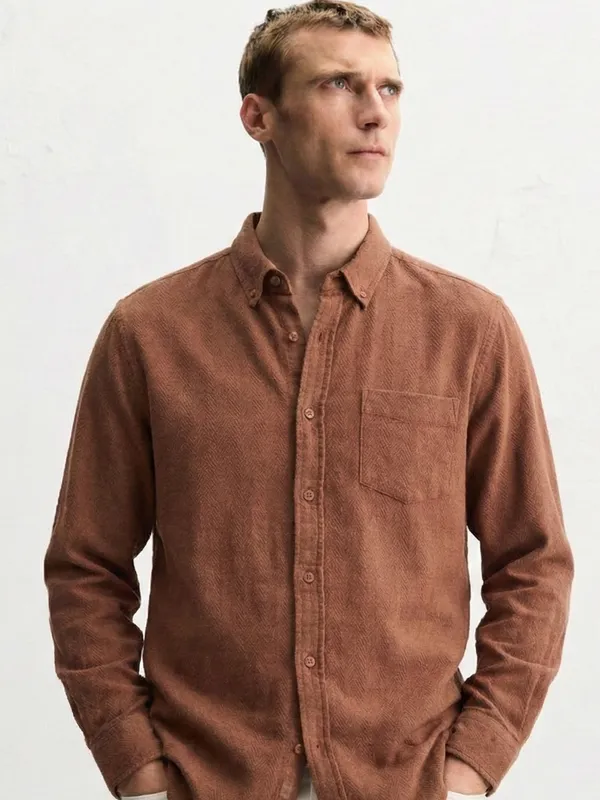 Highlander Men Brown Self Design Slim Fit Casual Shirt