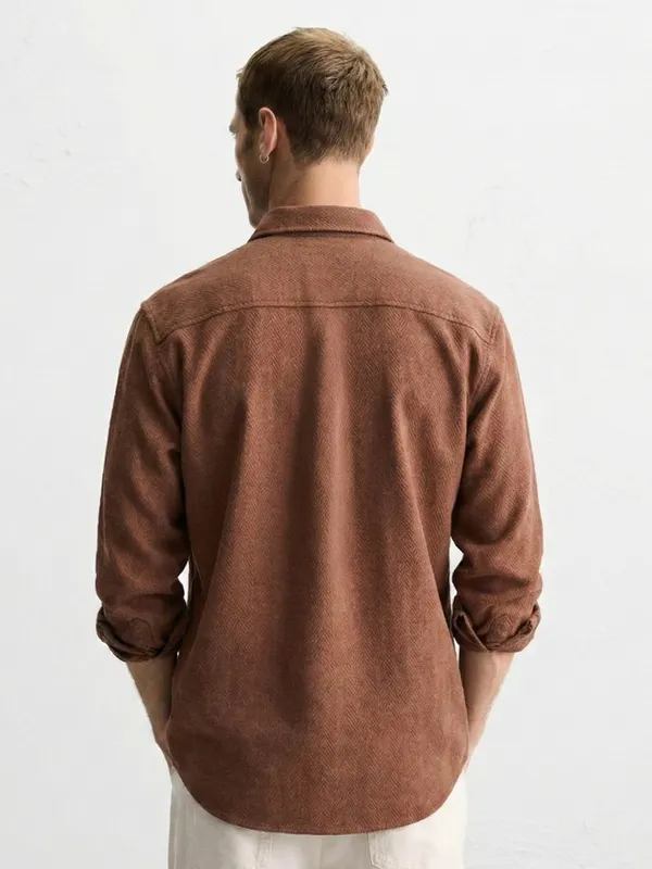 Highlander Men Brown Self Design Slim Fit Casual Shirt