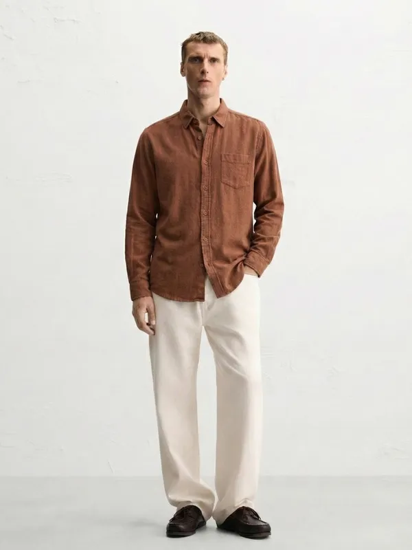 Highlander Men Brown Self Design Slim Fit Casual Shirt