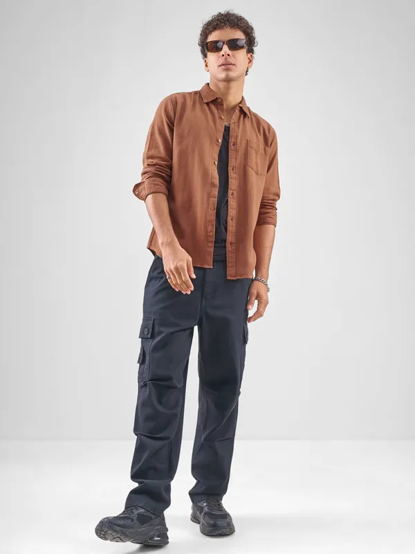 Highlander Men Brown Self Design Slim Fit Casual Shirt