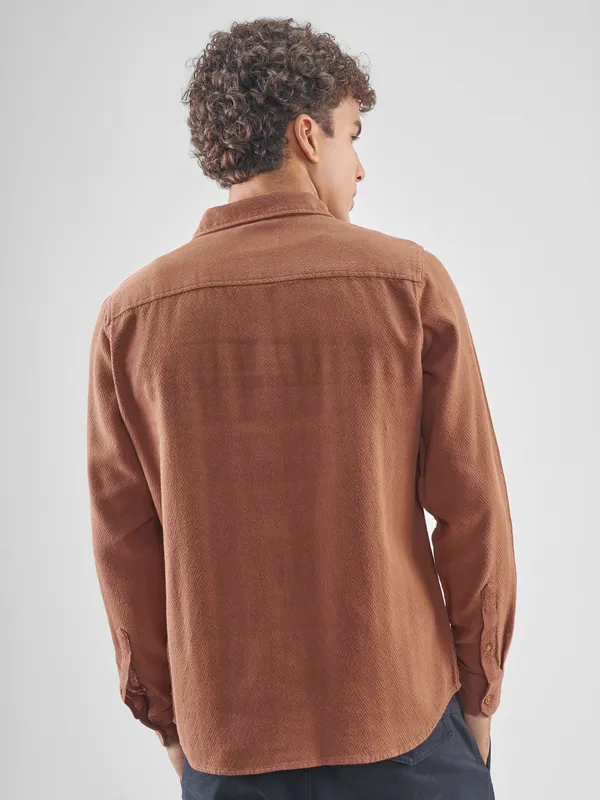 Highlander Men Brown Self Design Slim Fit Casual Shirt