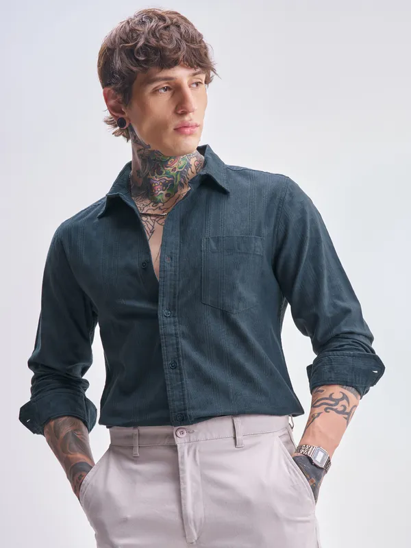 Highlander Men Blue Self Design Slim Fit Casual Shirt