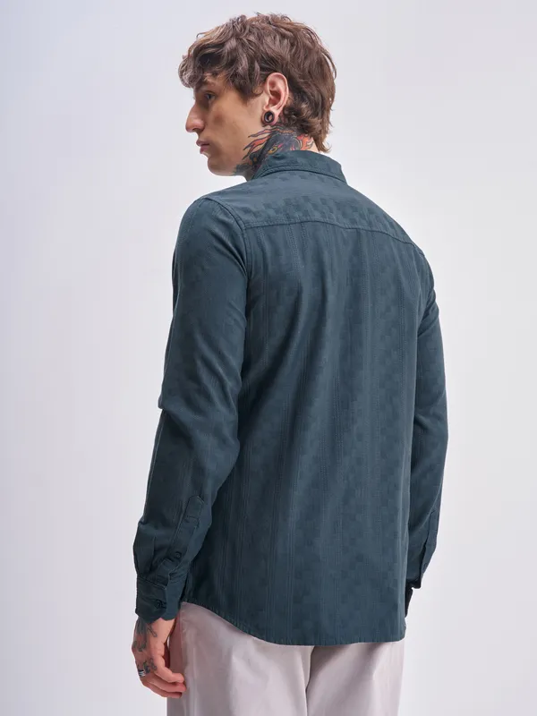 Highlander Men Blue Self Design Slim Fit Casual Shirt