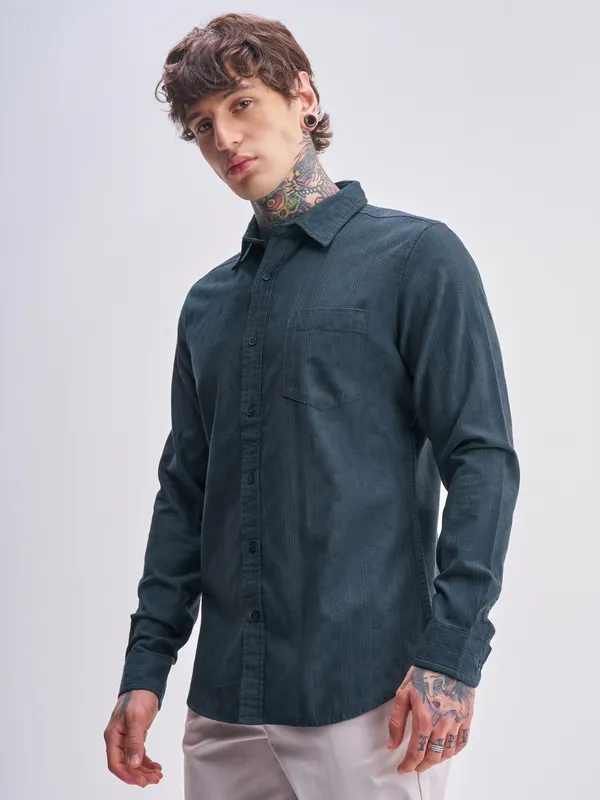 Highlander Men Blue Self Design Slim Fit Casual Shirt