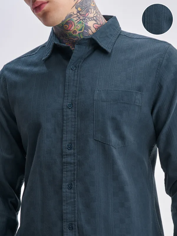 Highlander Men Blue Self Design Slim Fit Casual Shirt