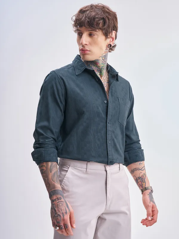 Highlander Men Blue Self Design Slim Fit Casual Shirt