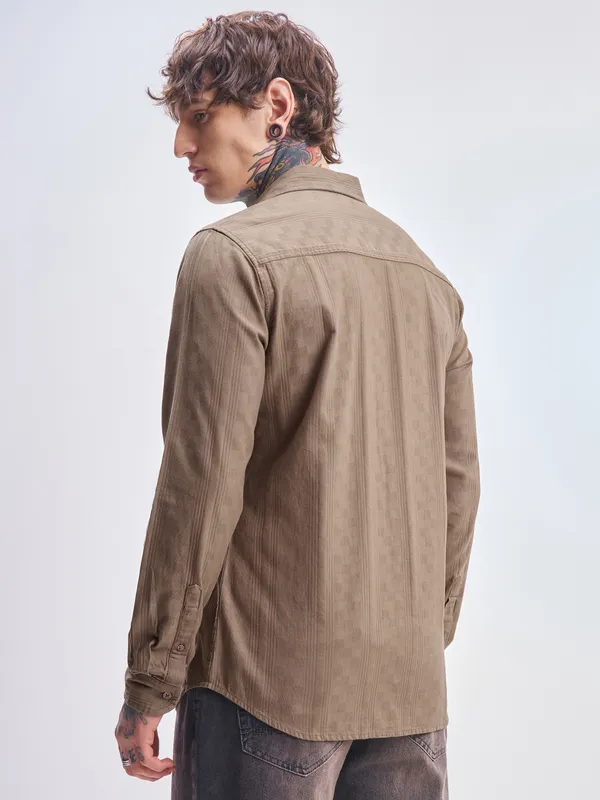 Highlander Men Tan Self Design Slim Fit Casual Shirt