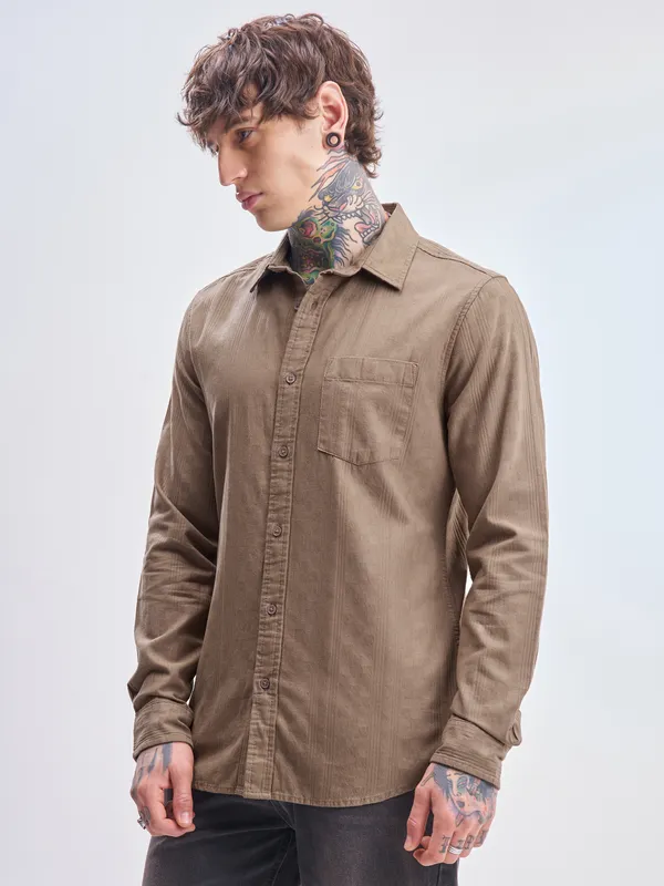 Highlander Men Tan Self Design Slim Fit Casual Shirt