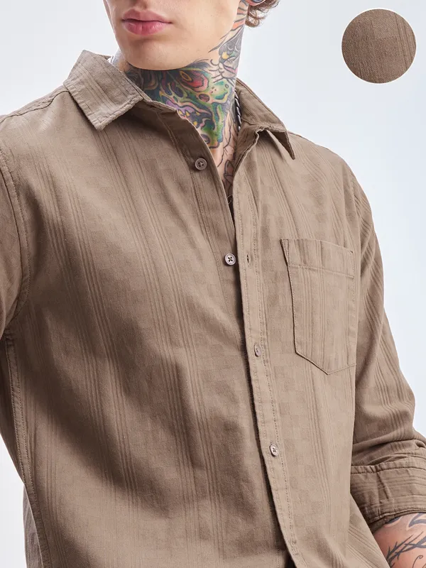 Highlander Men Tan Self Design Slim Fit Casual Shirt
