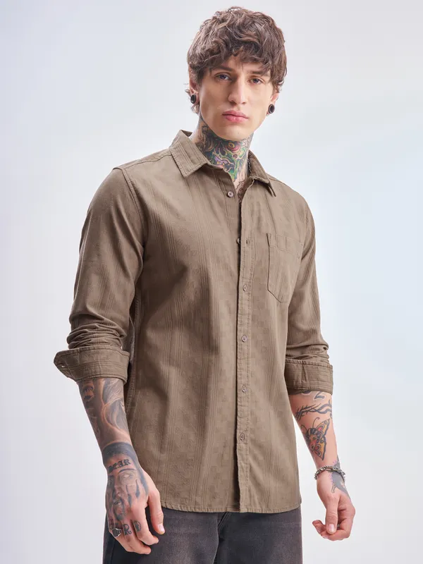 Highlander Men Tan Self Design Slim Fit Casual Shirt