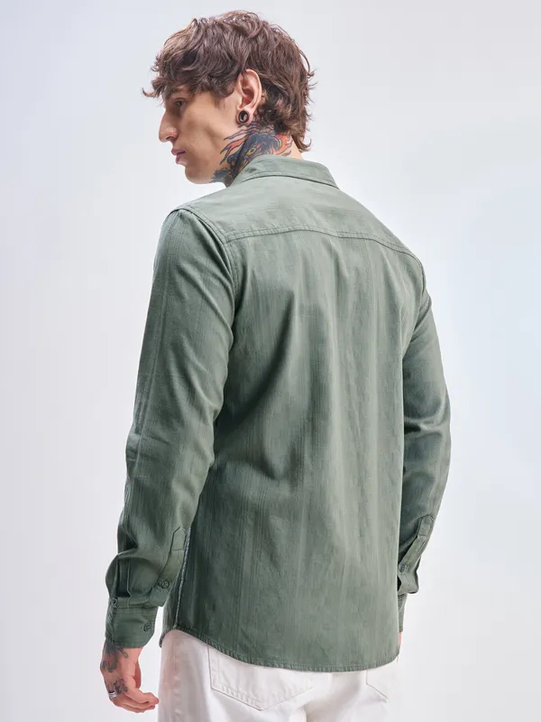 Highlander Men Green Self Design Slim Fit Casual Shirt