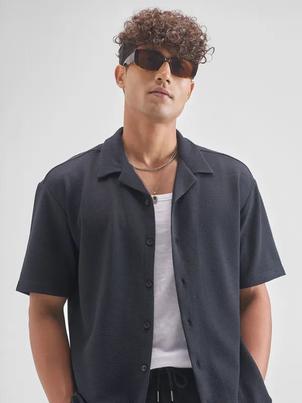 Highlander Men Navy Blue Self Design Relaxed Fit Casual Shirt