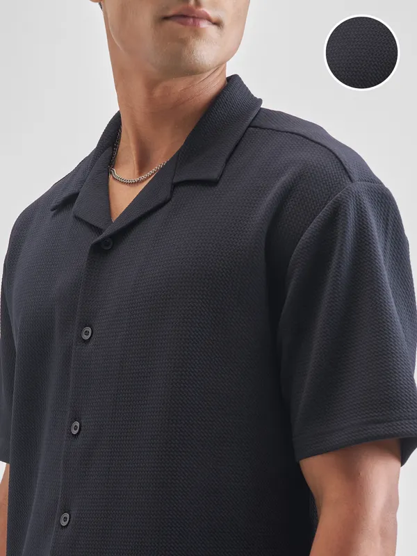 Highlander Men Navy Blue Self Design Relaxed Fit Casual Shirt