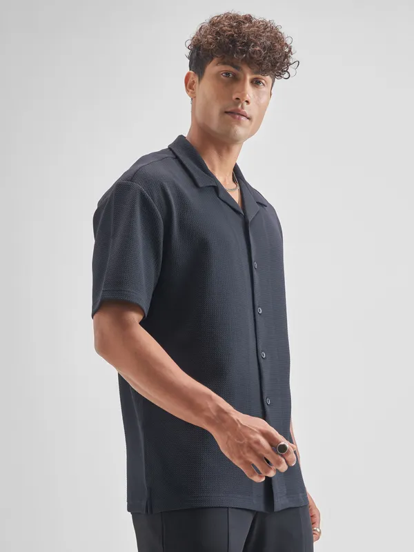 Highlander Men Navy Blue Self Design Relaxed Fit Casual Shirt