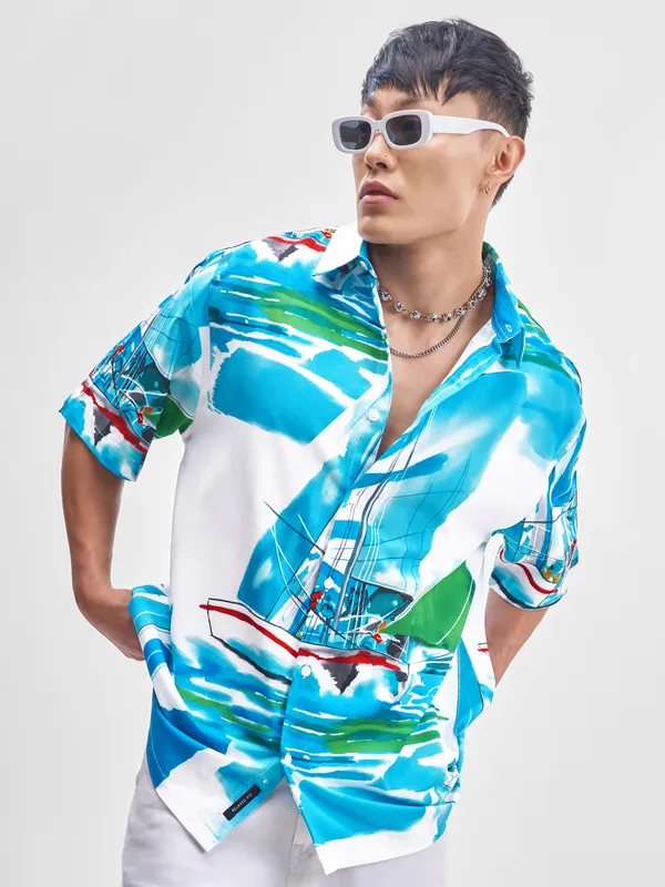 Highlander Men White Printed Relaxed Fit Casual Shirt