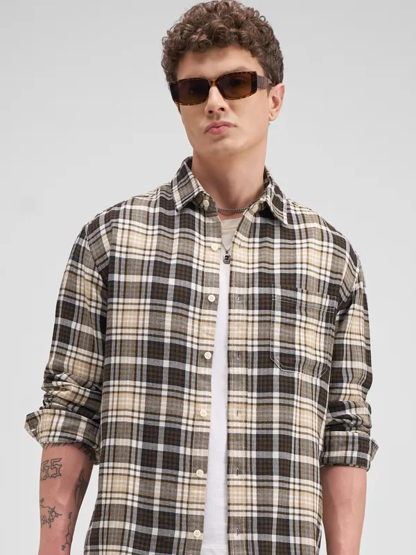 Highlander Men Brown Checked Relaxed Fit Casual Shirt