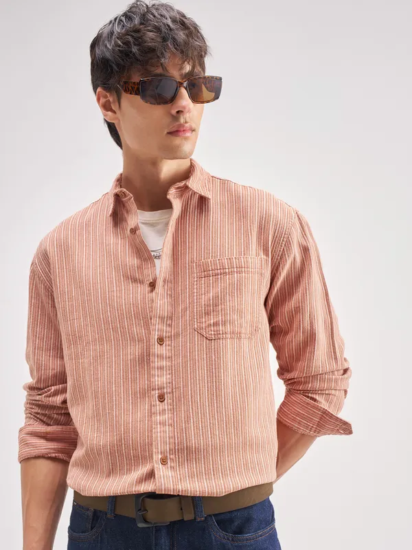 Highlander Men Rust Striped Relaxed Fit Casual Shirt