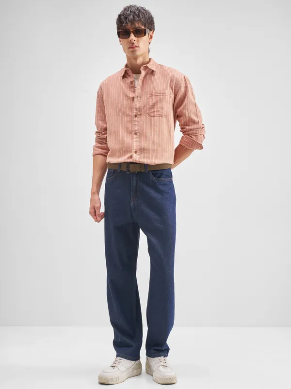 Highlander Men Rust Striped Relaxed Fit Casual Shirt