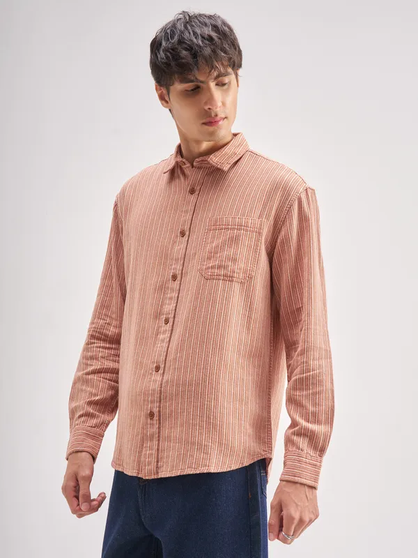 Highlander Men Rust Striped Relaxed Fit Casual Shirt