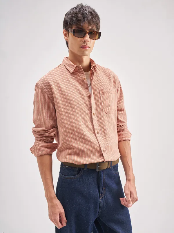 Highlander Men Rust Striped Relaxed Fit Casual Shirt