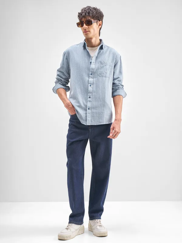 Highlander Men Blue Striped Relaxed Fit Casual Shirt