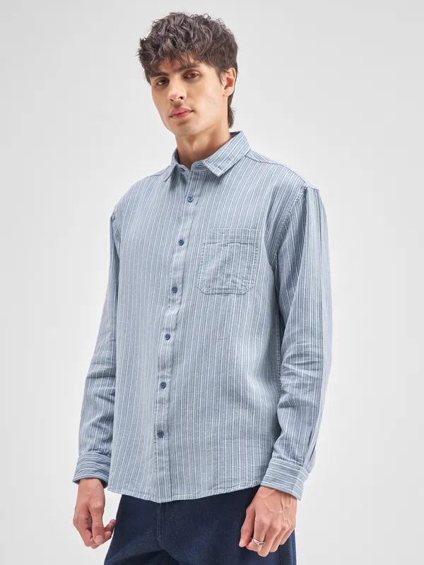 Highlander Men Blue Striped Relaxed Fit Casual Shirt