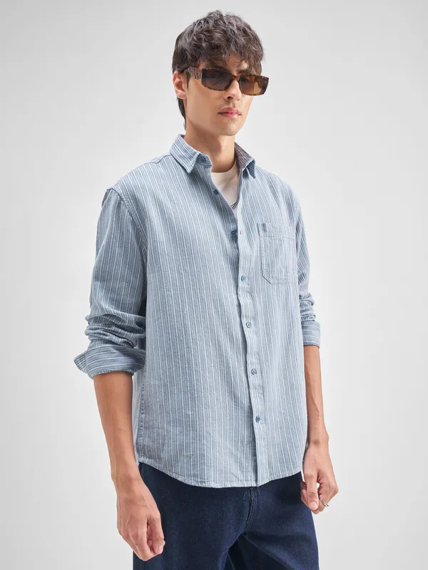 Highlander Men Blue Striped Relaxed Fit Casual Shirt